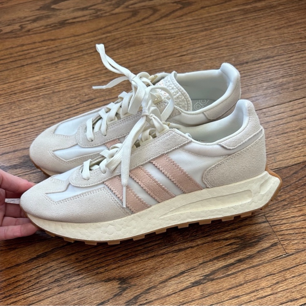 adidas Women's Cream Sneakers with Pink Stripes - Picture 3 of 8